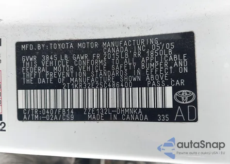 2005 Toyota Matrix Xr from USA, damaged, VIN 2T1KR32E25C486400